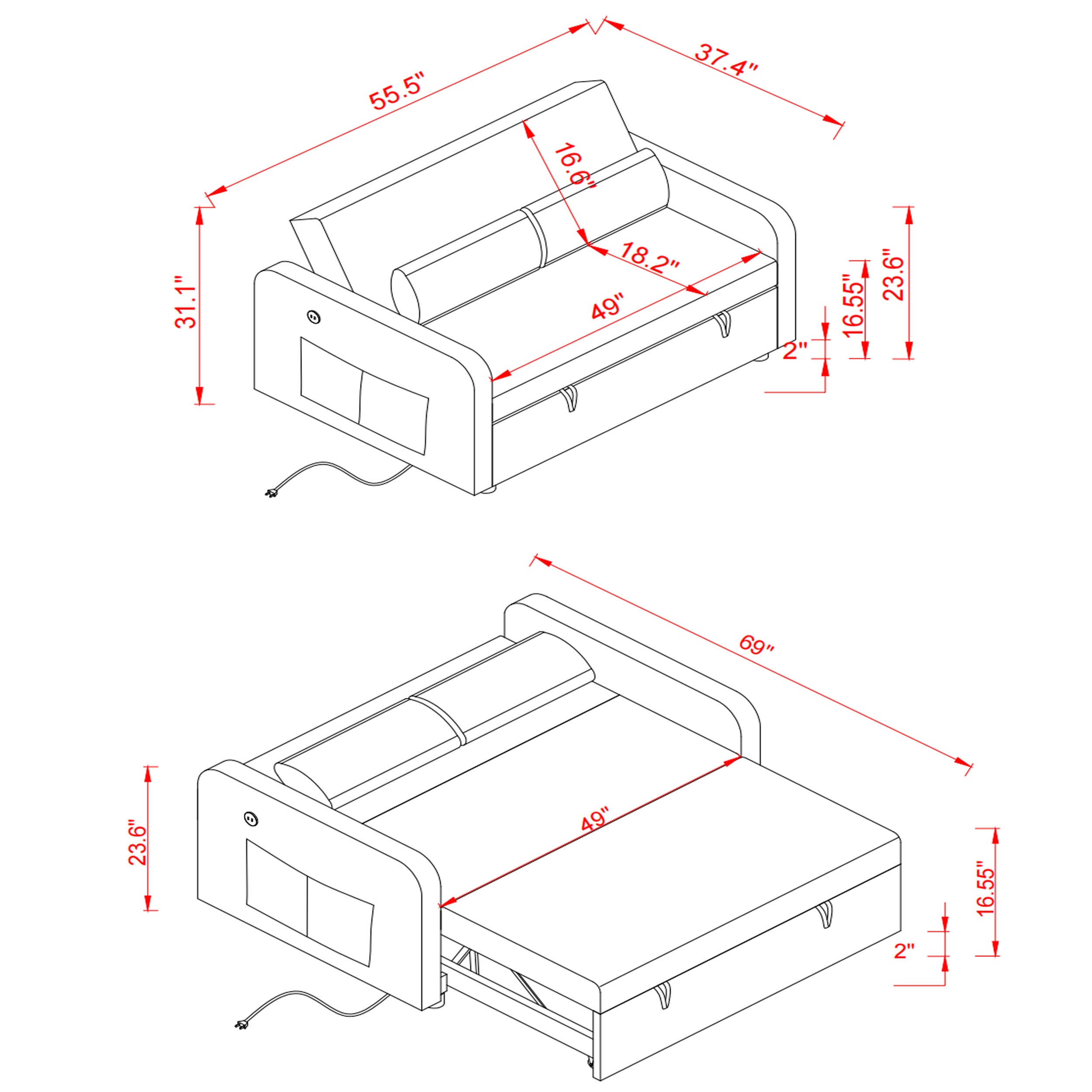 Divano Letto Twins in Tessuto Grigio con USB