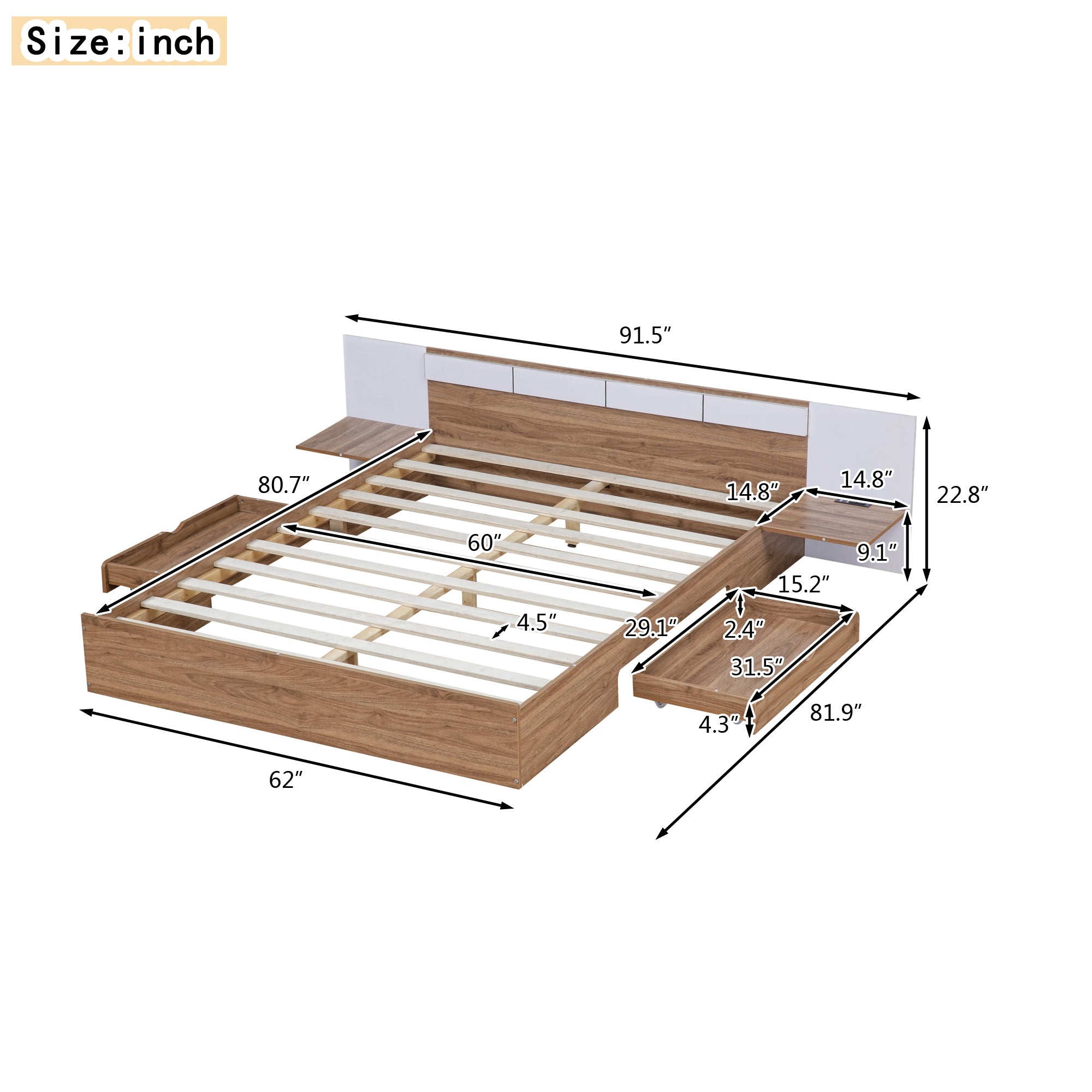 Letto Matrimoniale in Legno con Cassetti, Ripiani, Porte USB e Prese - Naturale