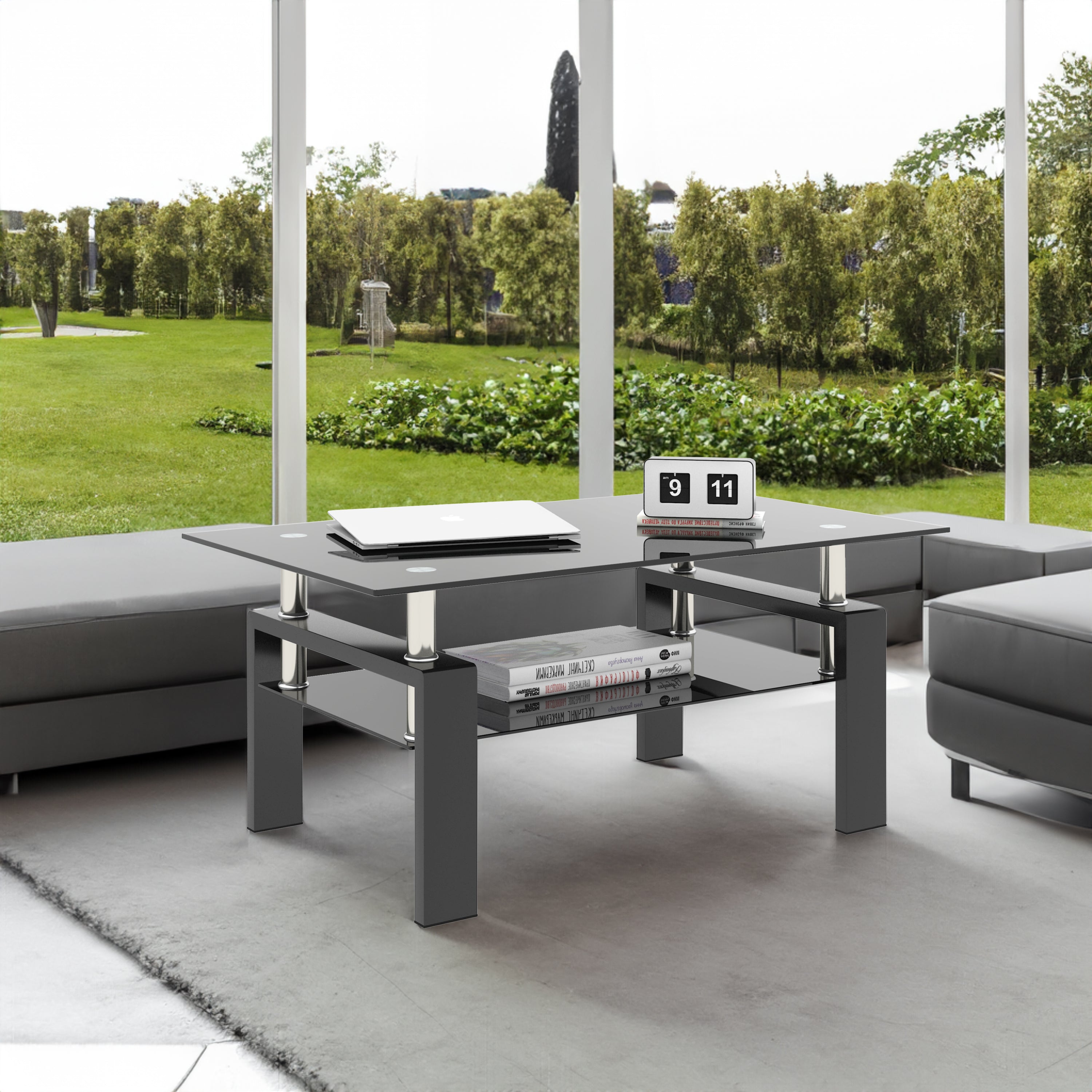 Set 2 Tavolini Vetro Temperato Nero