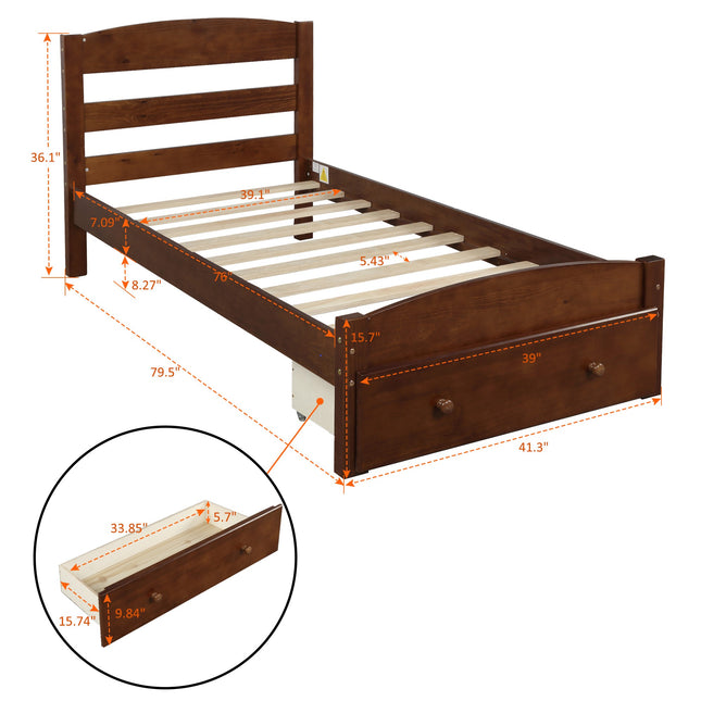 Platform Twin Bed Frame with Storage Drawer and Wood Slat Support – No Box Spring Needed, Walnut