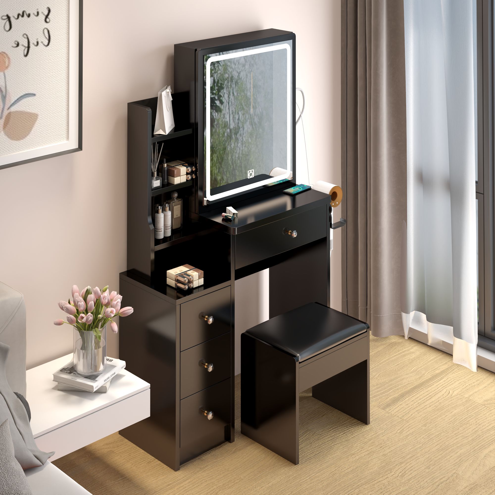 Toeletta Nera Compatta con USB e LED