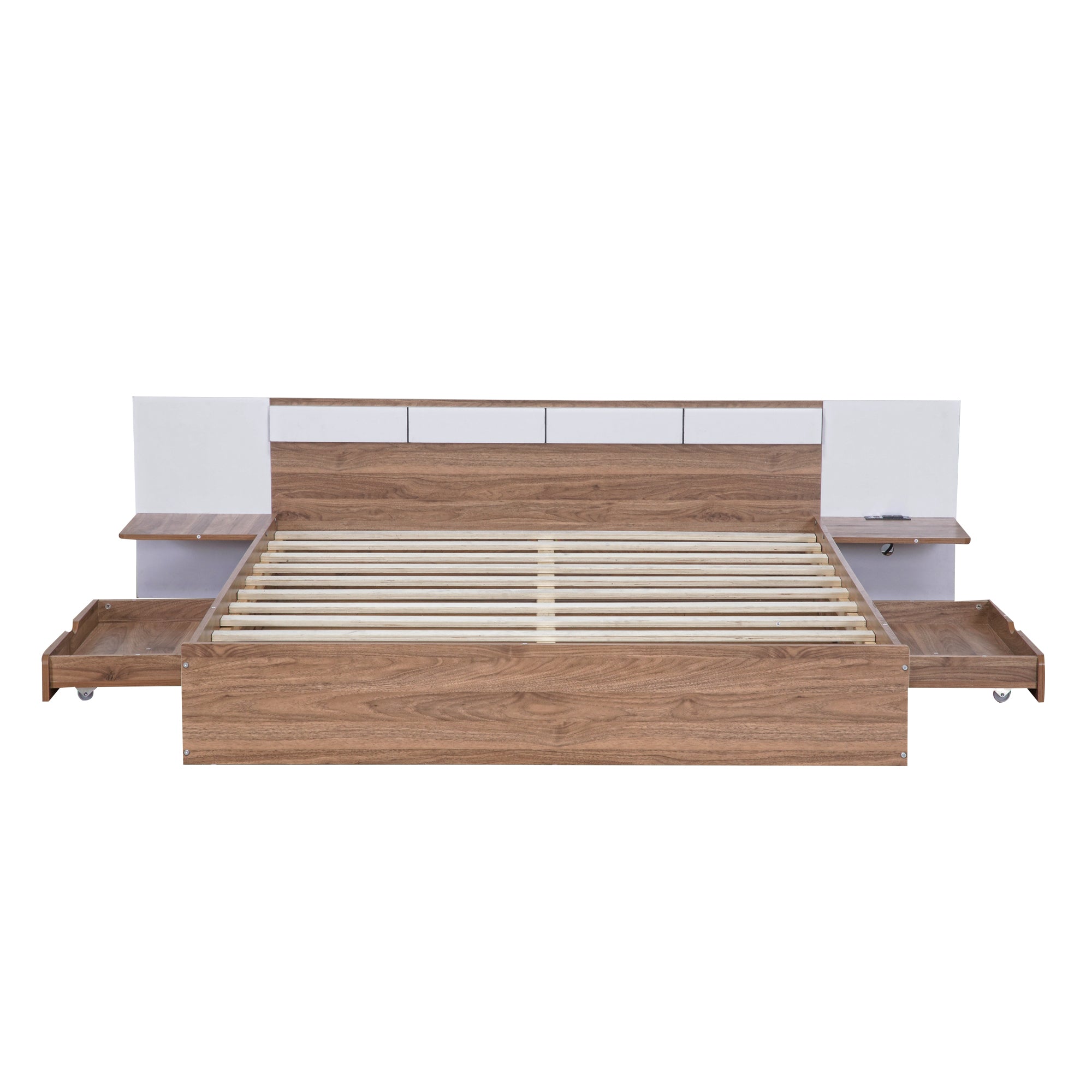 Letto Matrimoniale in Legno con Cassetti, Ripiani, Porte USB e Prese - Naturale