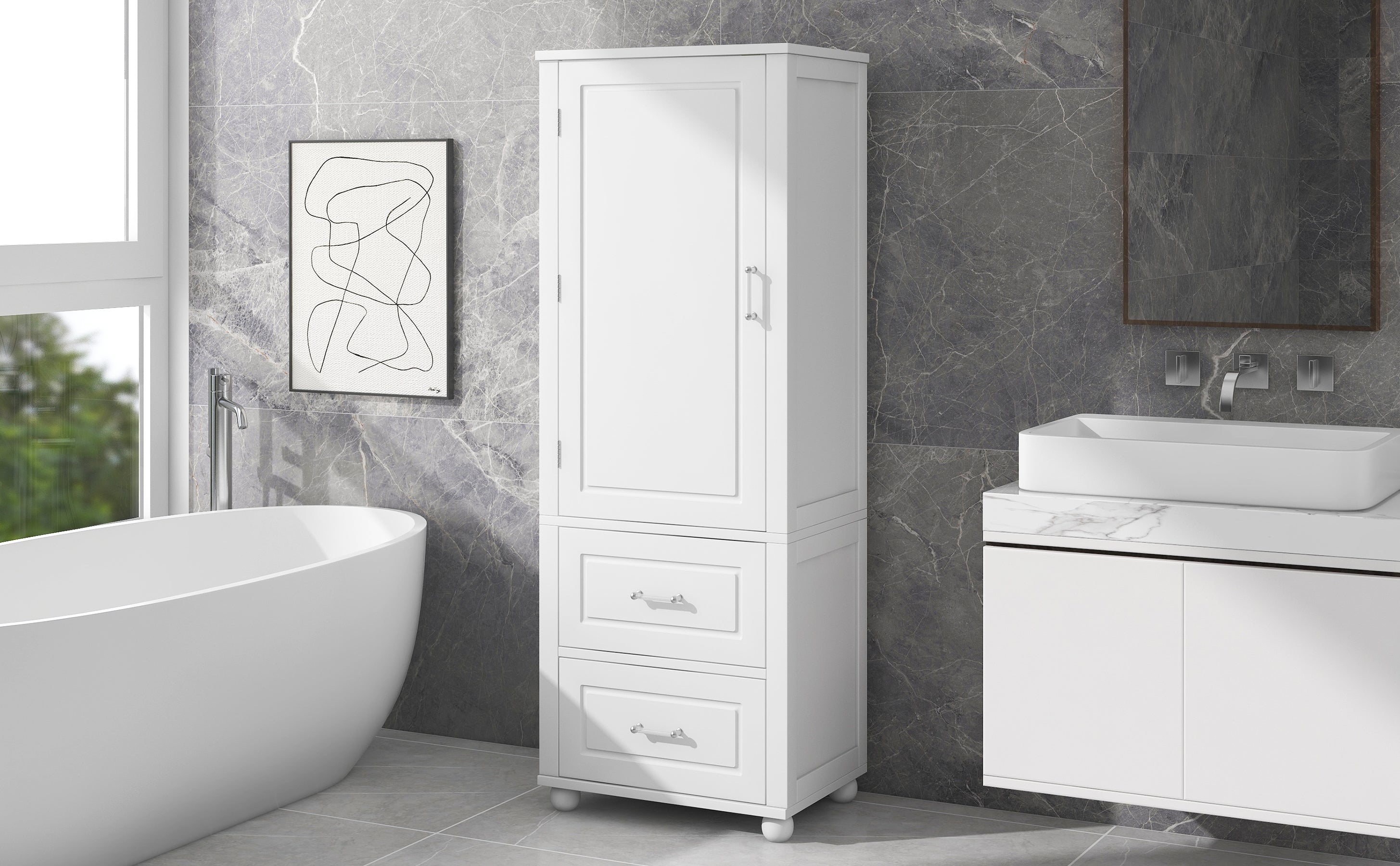 Armadietto Bagno Alto con Cassetti e Ripiano Regolabile
