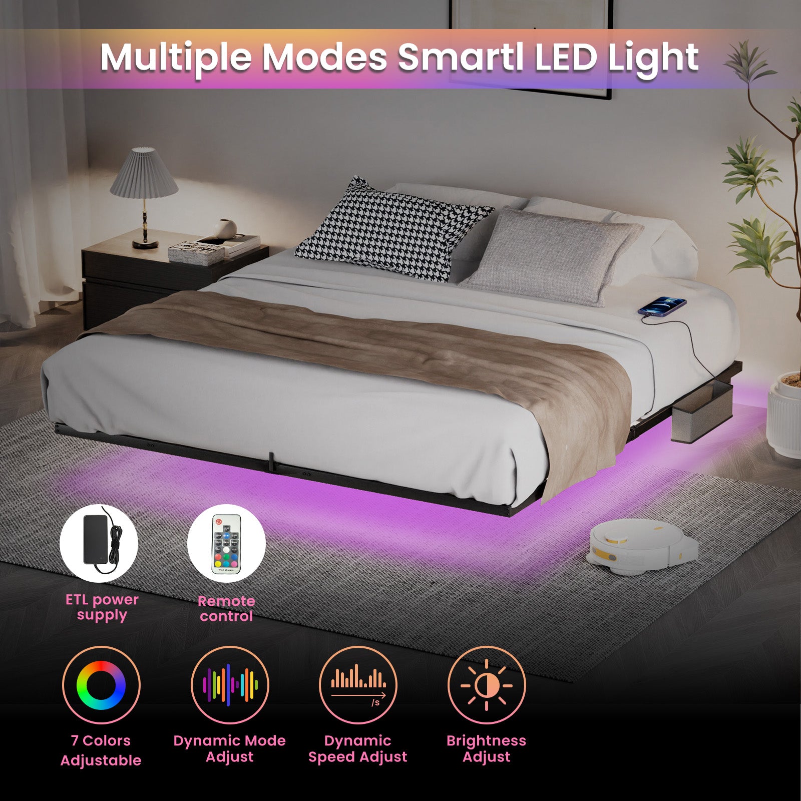 Letto King Size Sospeso LED e Ricarica
