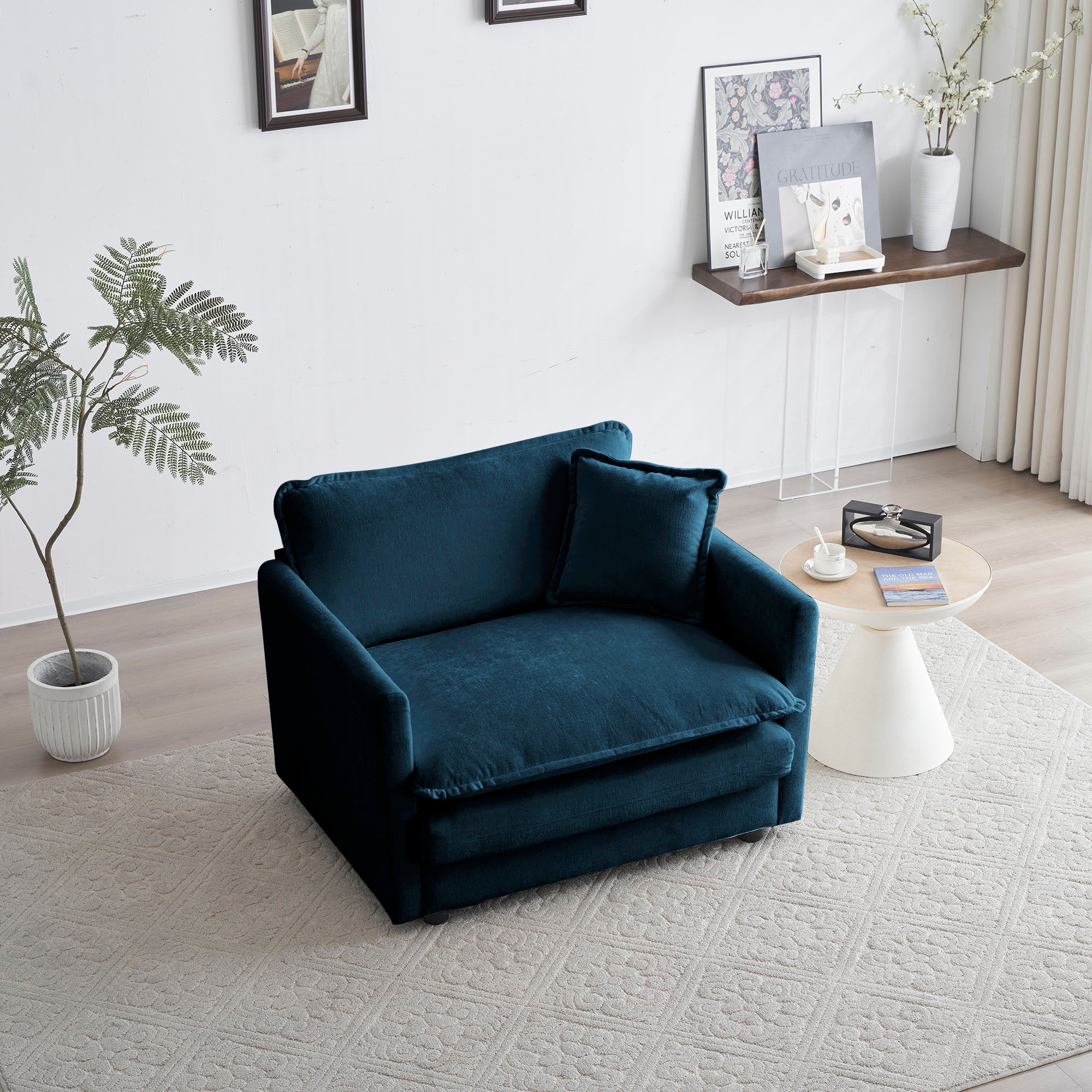 Poltrona Singola Blu in Ciniglia con Pouf per Lettura