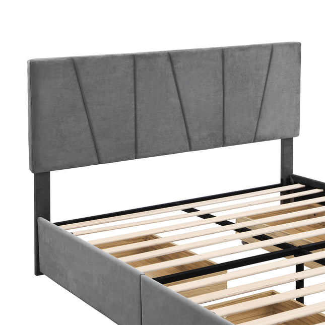Queen Size Upholstered Platform Bed with Four Drawers on Two Sides and Adjustable Headboard – Grey Queen Size Bed, Upholstered Platform Bed, Storage