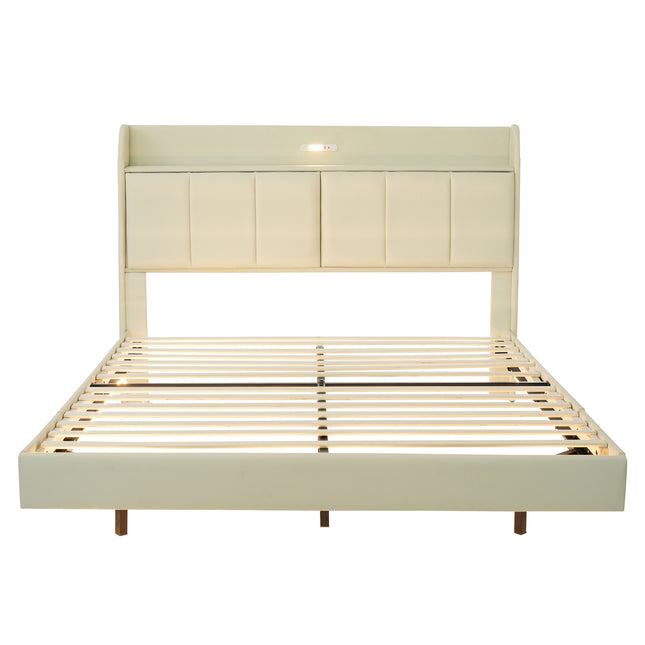 Large Floating Bed Frame with Storage Headboard – Touch Sensor Night Light and USB Charger, Padded Platform Bed, Beige