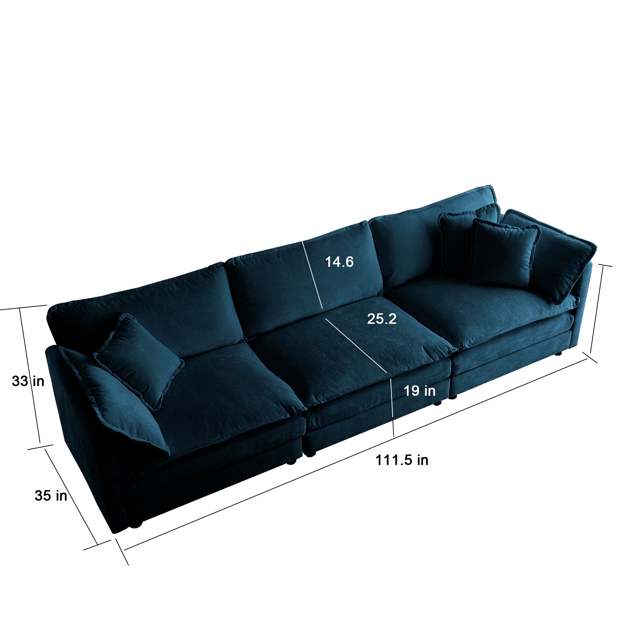 Divano 3 Posti Blu in Ciniglia Stile Mid-Century Moderno