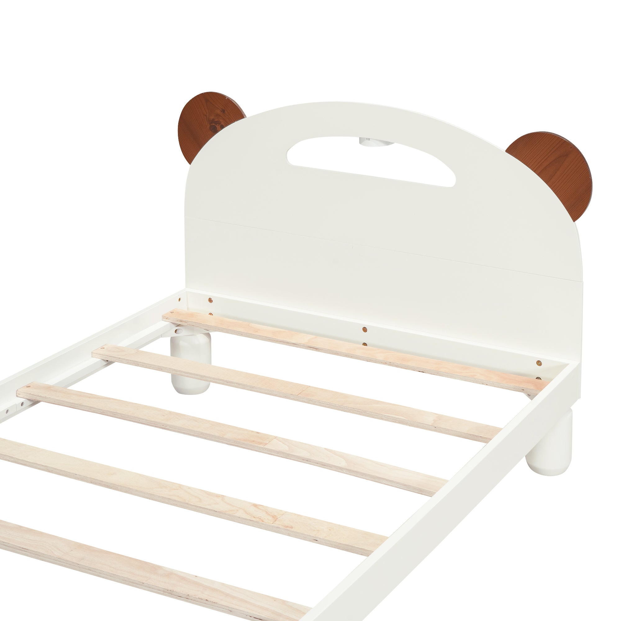 Letto Singolo in Legno con Testiera a Orecchie di Orso e LED - Bianco Crema
