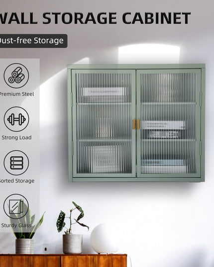 Retro Style Haze Double Glass Door Wall Cabinet With Detachable Shelves for Office Dining Room Living Room Kitchen