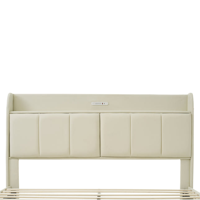 Large Floating Bed Frame with Storage Headboard – Touch Sensor Night Light and USB Charger, Padded Platform Bed, Beige
