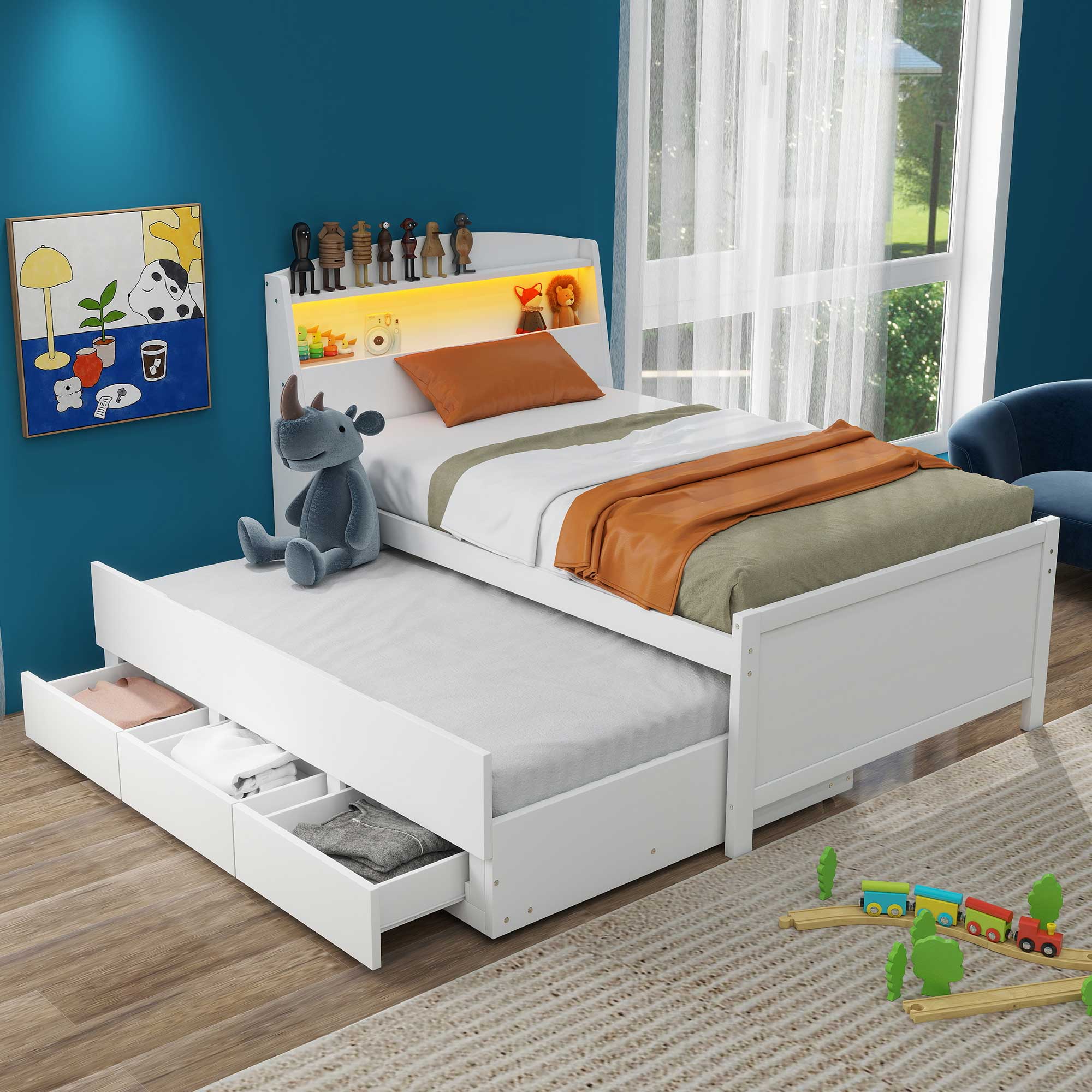 Letto Singolo Piattaforma LED Bianco 3 Cassetti