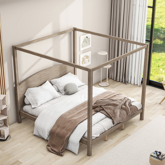 King Size Canopy Platform Bed with Headboard and Support Legs – Brown Wash Finish