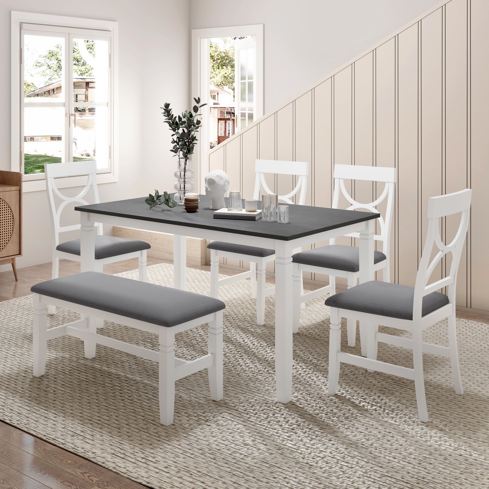 Set Tavolo Pranzo 6 Pezzi Legno Grigio Bianco