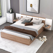 Letto Matrimoniale in Legno con Cassetti, Ripiani, Porte USB e Prese - Naturale