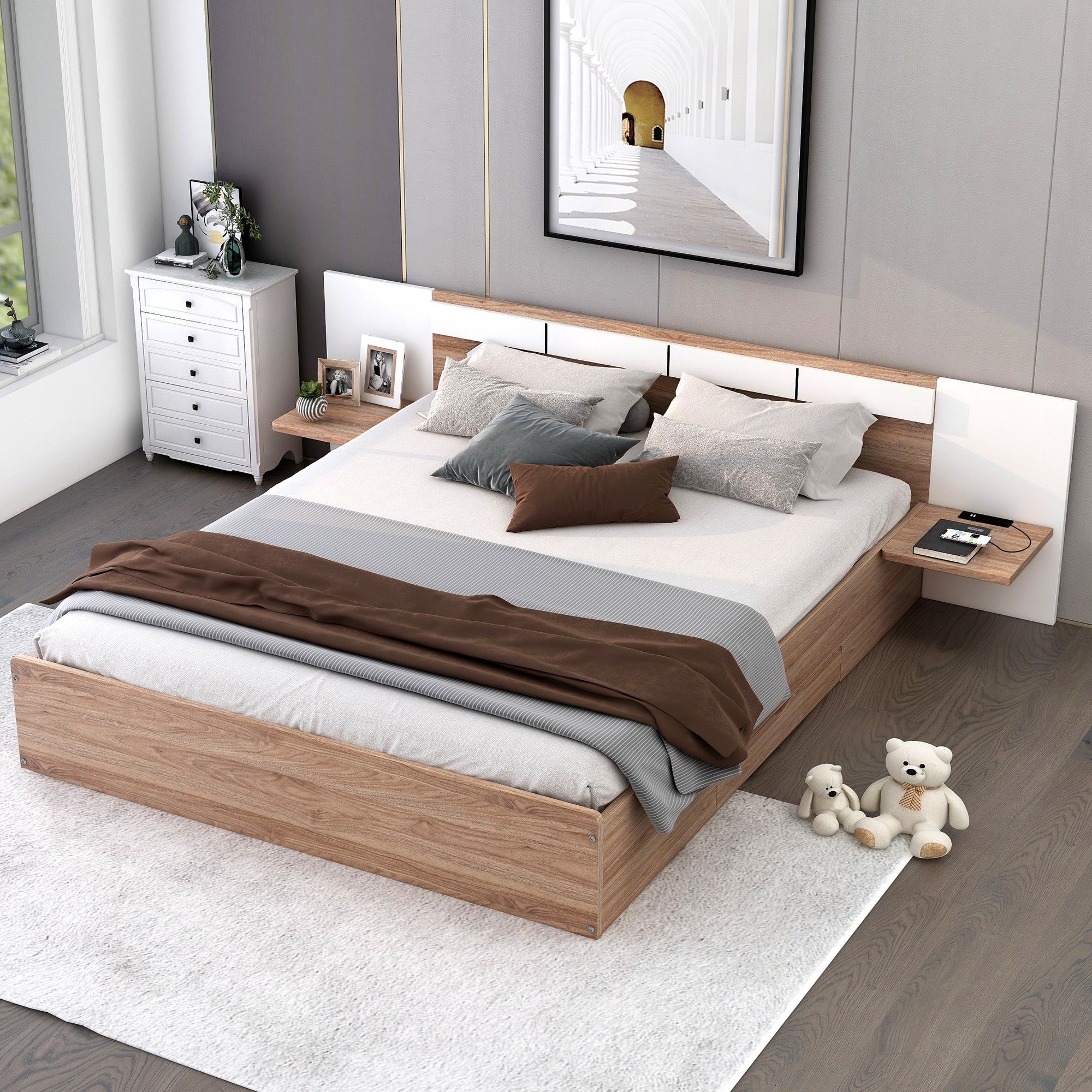 Letto Matrimoniale in Legno con Cassetti, Ripiani, Porte USB e Prese - Naturale