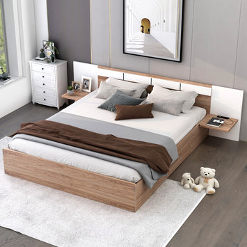 Letto Matrimoniale in Legno con Cassetti, Ripiani, Porte USB e Prese - Naturale