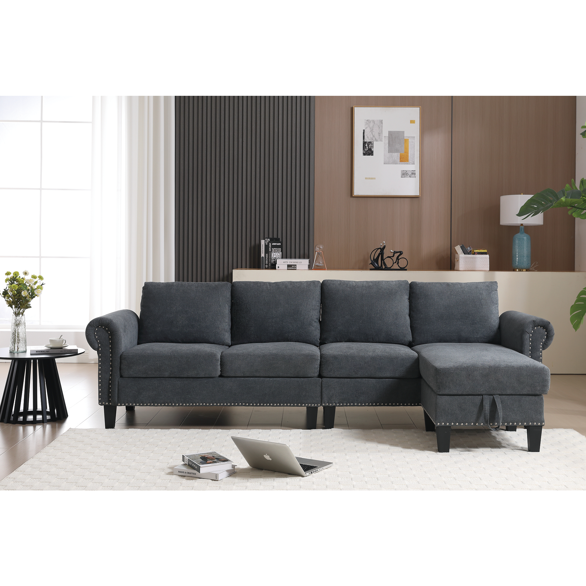 Divano Angolare a L con Contenitore Grigio Moderno