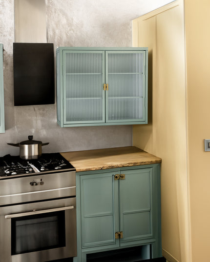 Retro Style Haze Double Glass Door Wall Cabinet With Detachable Shelves for Office Dining Room Living Room Kitchen