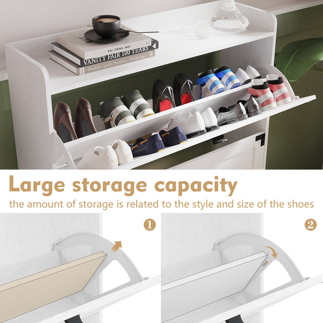 Freestanding Shoe Cabinet with 2 Flip Drawers – White Entryway Storage Organizer with Open Compartment