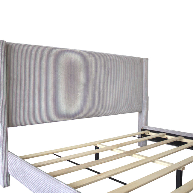 Corduroy Velvet Queen Wingback Bed with Footboard Drawer Storage – Upholstered Design