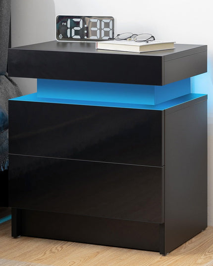 Modern Black LED Nightstand with Led Lights Bedside table with 2 High Gloss Drawers for Bedroom