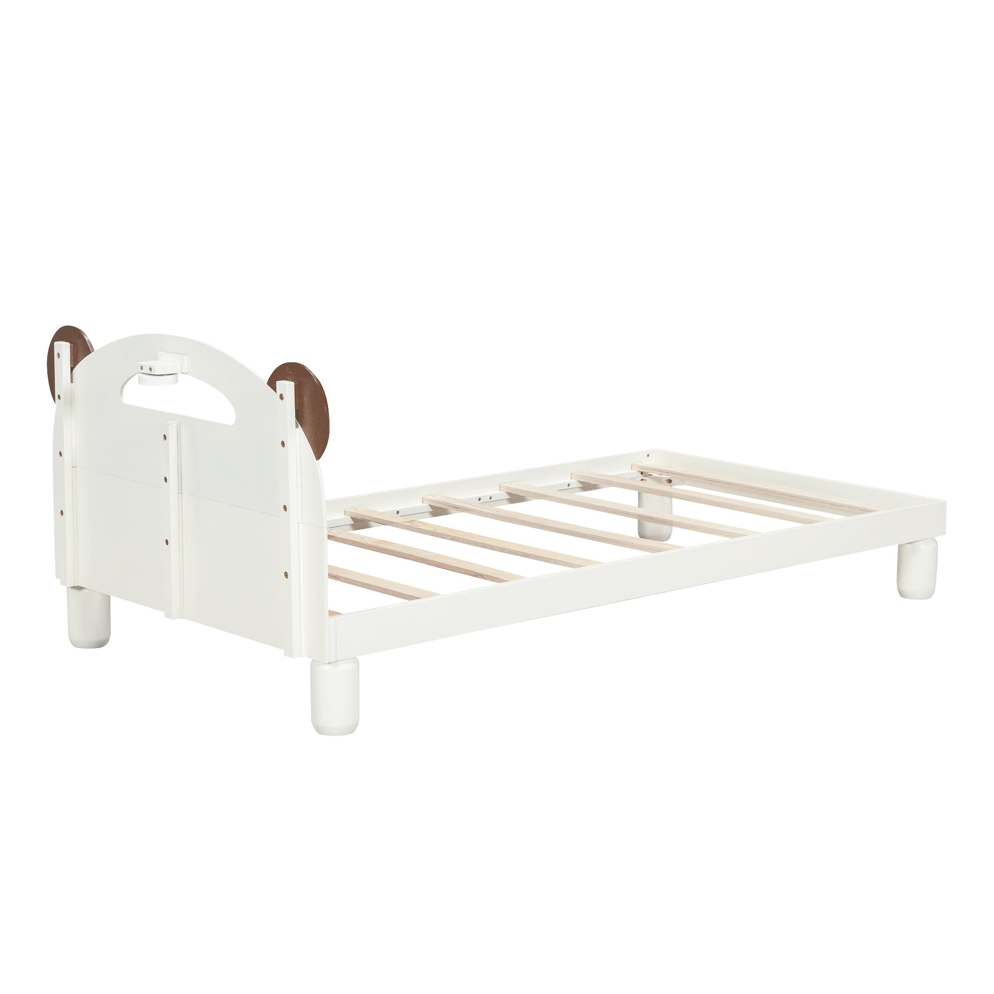 Letto Singolo in Legno con Testiera a Orecchie di Orso e LED - Bianco Crema
