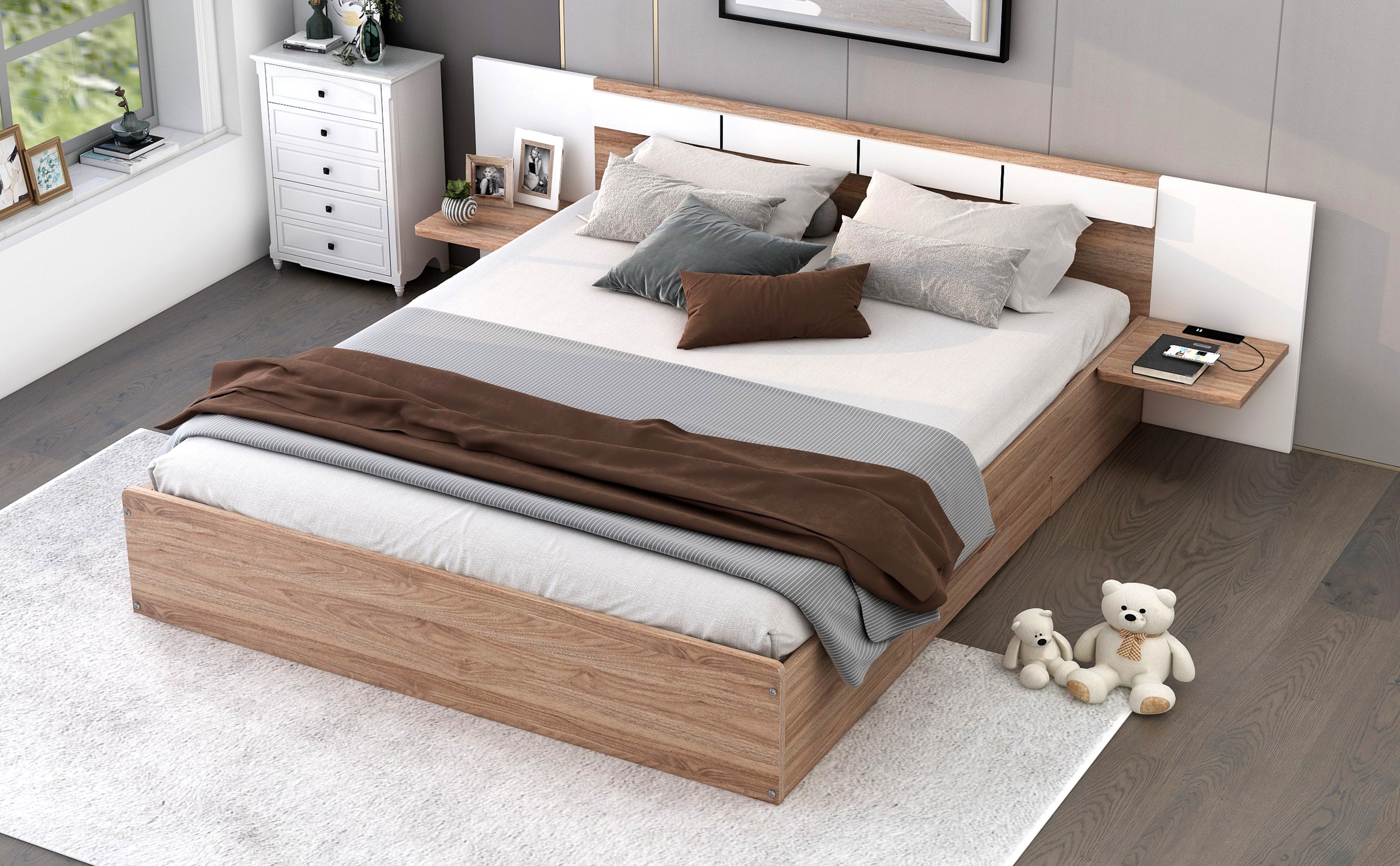 Letto Matrimoniale in Legno con Cassetti, Ripiani, Porte USB e Prese - Naturale