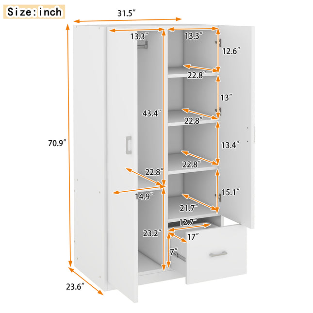 Wooden Wardrobe with Double Doors, Armoire with Hanging Rod, 5 Fixed Shelves, One Storage Drawer, White