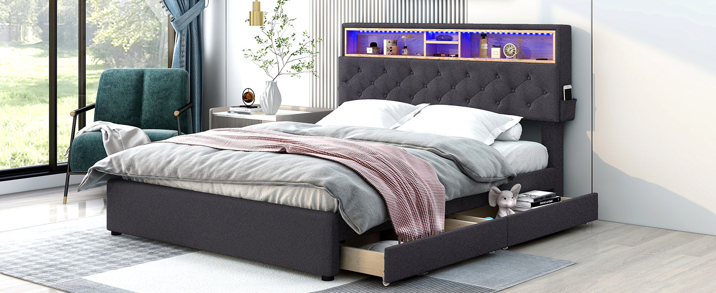 Letto Queen con LED e Ricarica USB Grigio Scuro