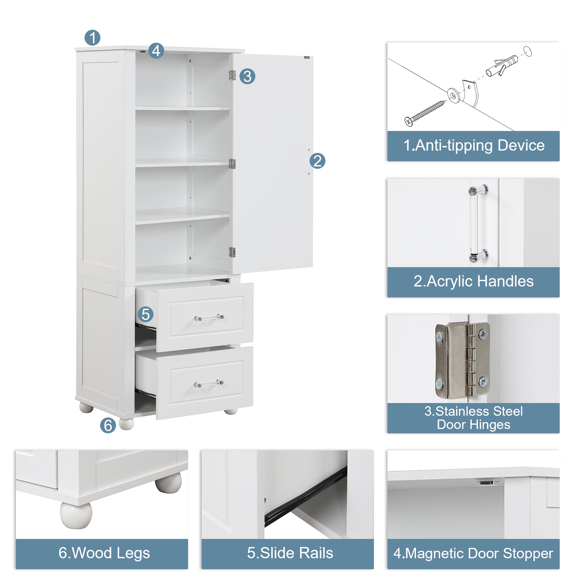 Armadietto Bagno Alto con Cassetti e Ripiano Regolabile