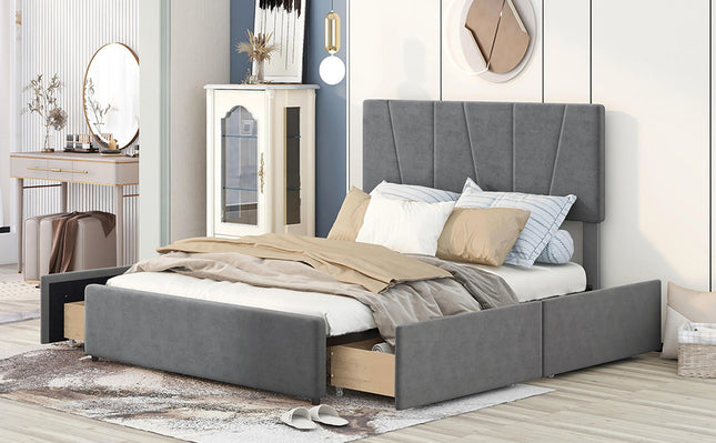Queen Size Upholstered Platform Bed with Four Drawers on Two Sides and Adjustable Headboard – Grey Queen Size Bed, Upholstered Platform Bed, Storage