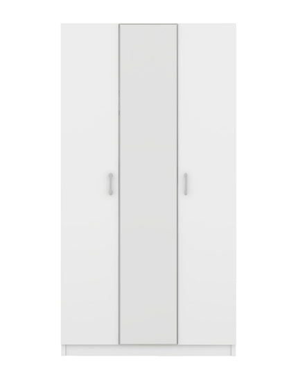 3 Door Wardrobe with Mirror, Armoire with Hanging Rod and 3 Fixed Shelves, White