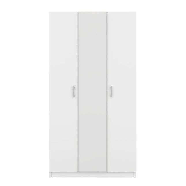3 Door Wardrobe with Mirror, Armoire with Hanging Rod and 3 Fixed Shelves, White