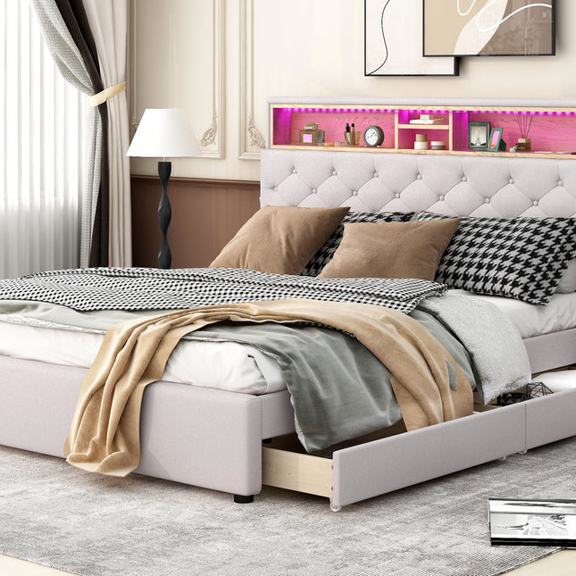 Queen Size Upholstered Platform Bed with Storage Headboard LED USB Charging and 2 Drawers Beige
