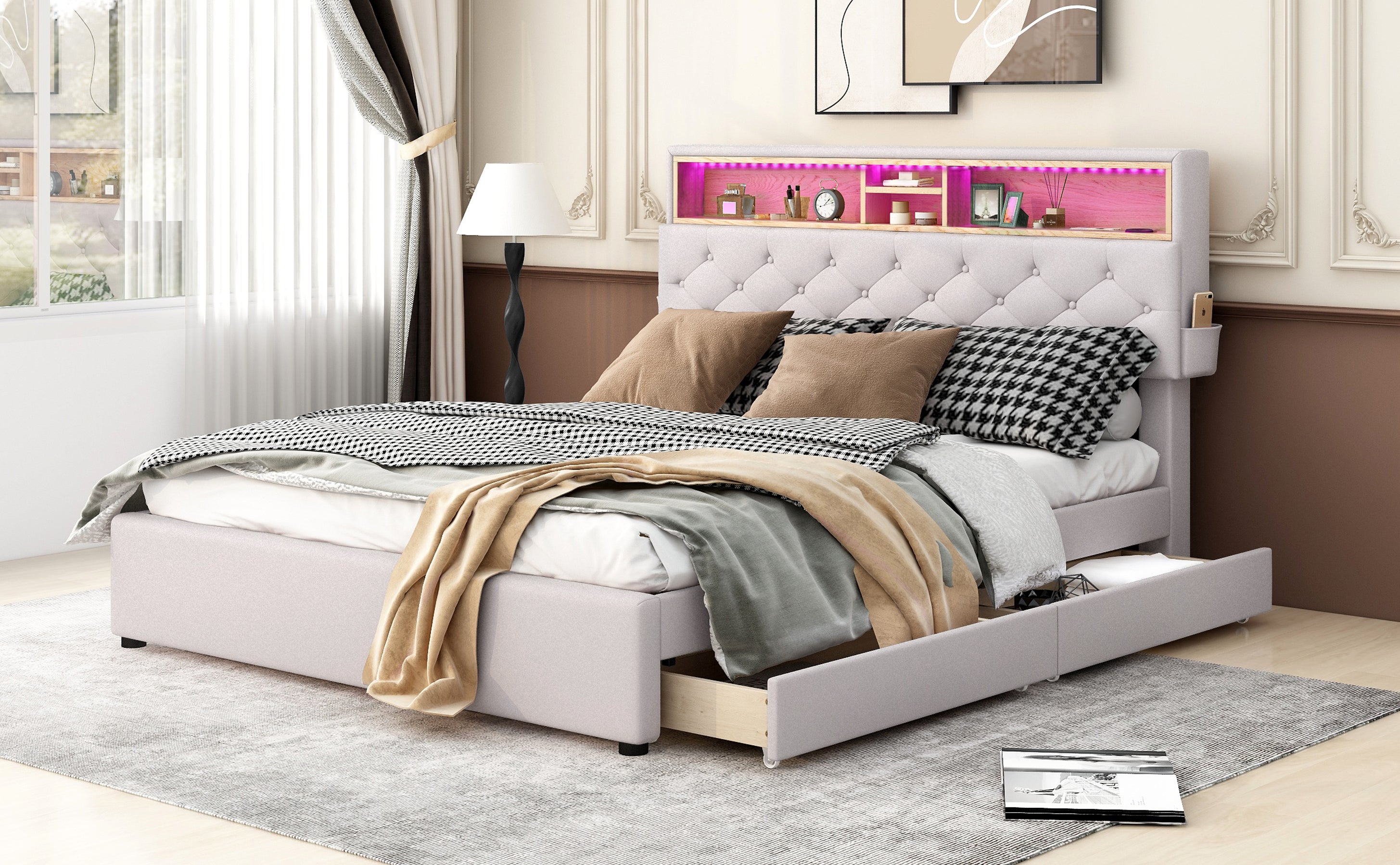 Letto Queen con LED e Ricarica USB Beige