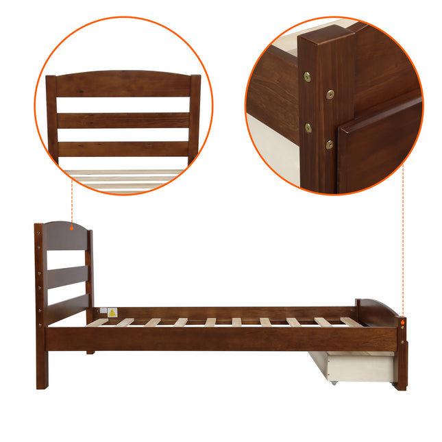 Platform Twin Bed Frame with Storage Drawer and Wood Slat Support – No Box Spring Needed, Walnut