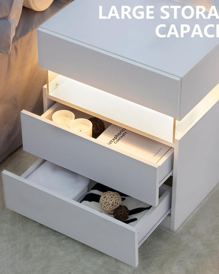 LED bedside table, bedroom, three drawers, dressing table, acrylic board, bedside furniture (white)