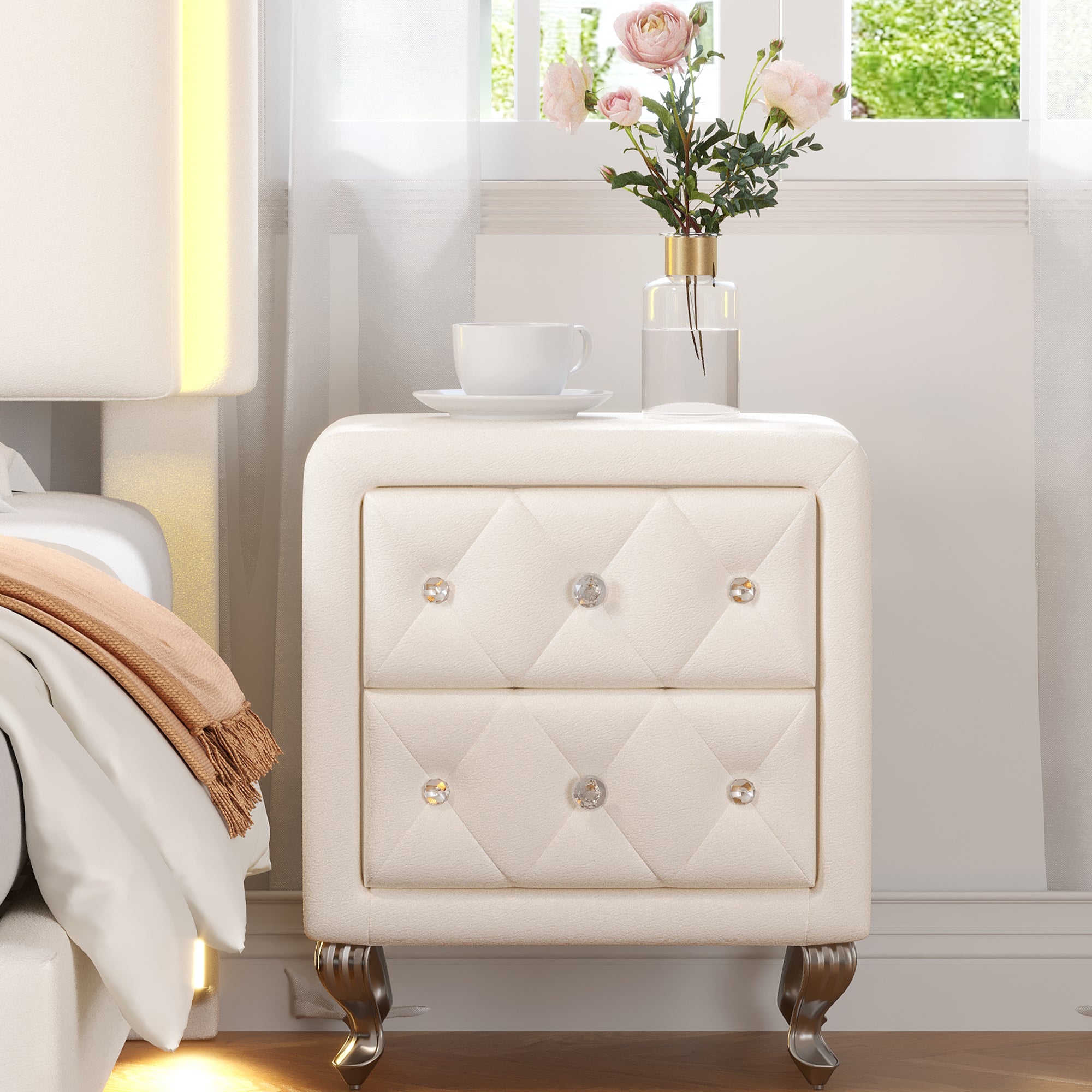 Comodino Bianco Ecopelle Gambe Metallo