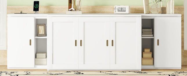 Full Size Murphy Bed with Shelves, Cabinets, and USB Ports – White