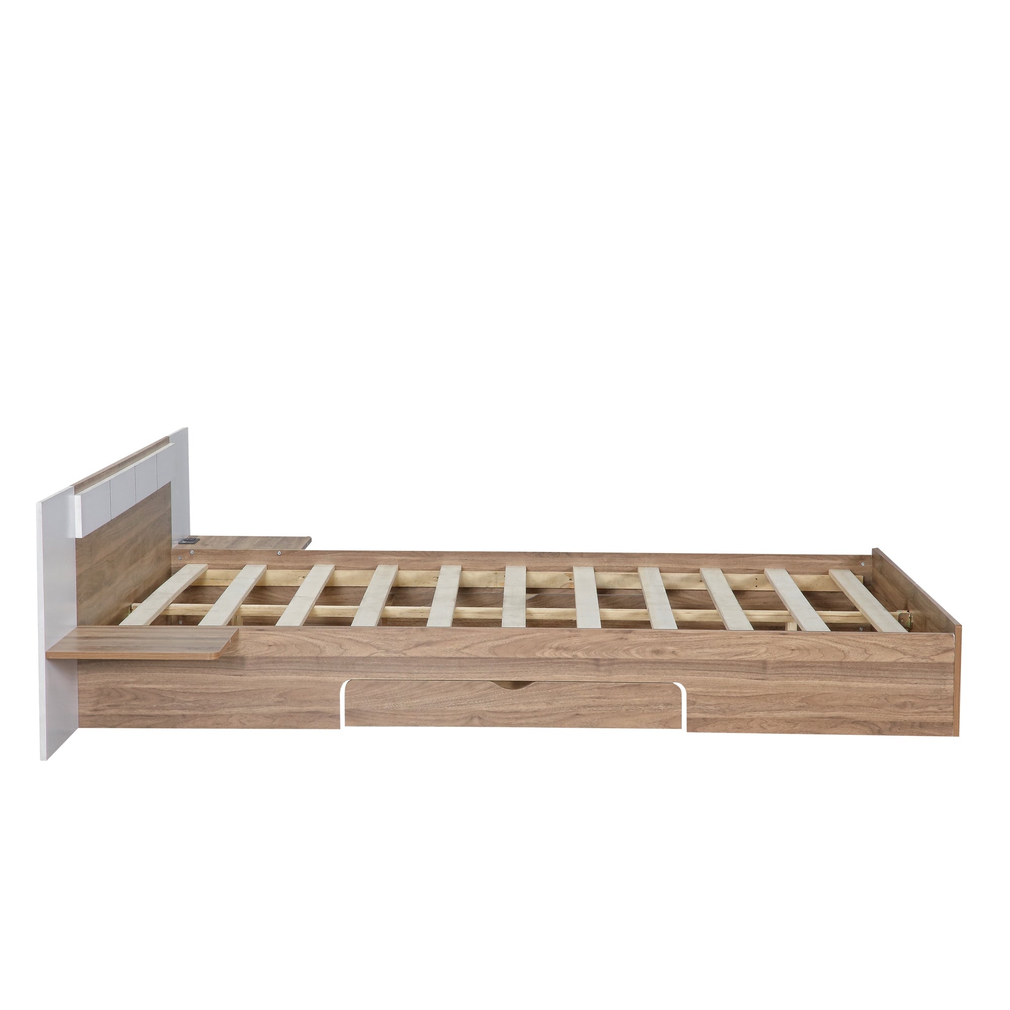 Letto Matrimoniale in Legno con Cassetti, Ripiani, Porte USB e Prese - Naturale