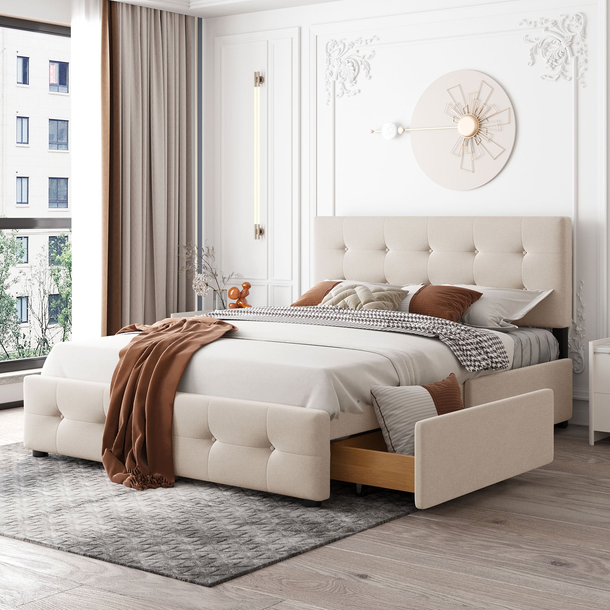 Letto Queen Imbottito 4 Cassetti Beige