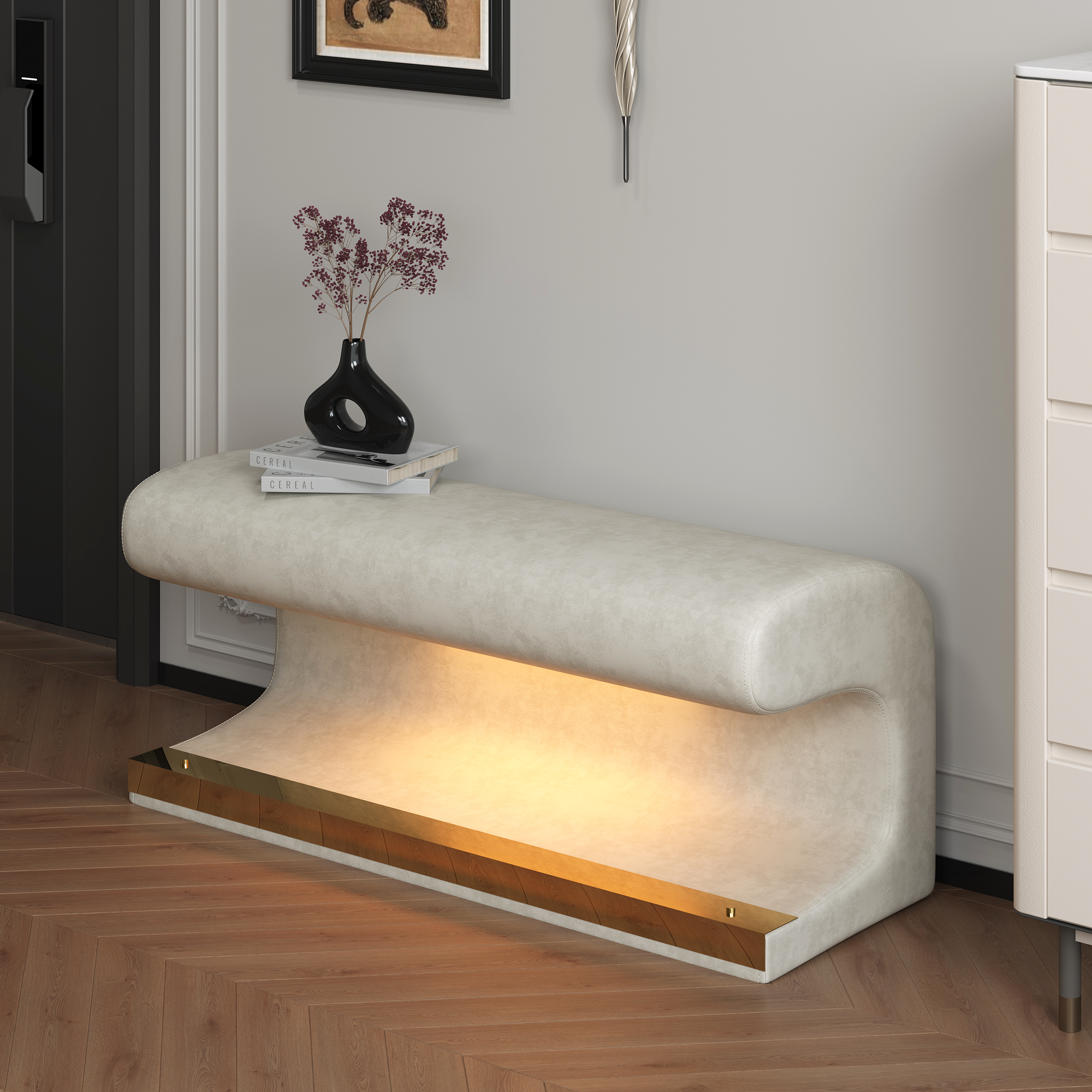 Panca Ingresso Pelle Beige con LED