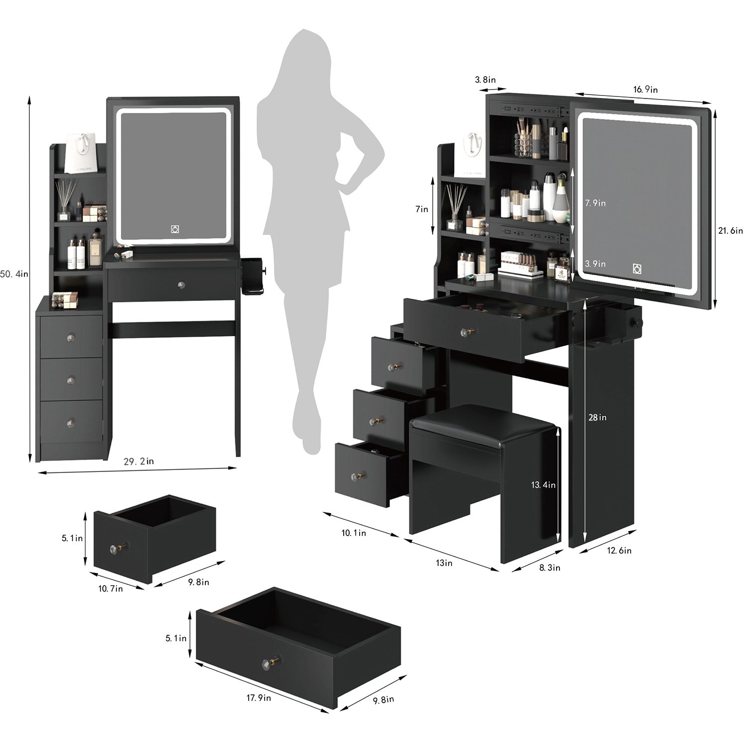 Toeletta Nera Compatta con USB e LED