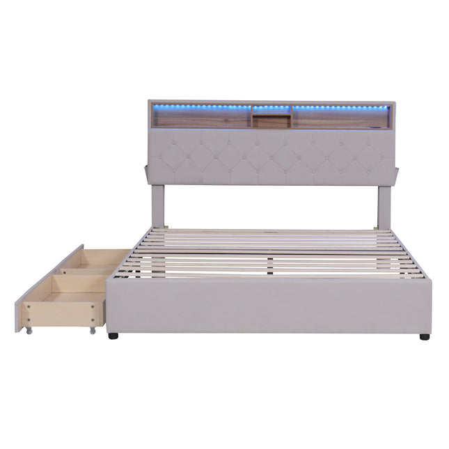 Queen Size Upholstered Platform Bed with Storage Headboard LED USB Charging and 2 Drawers Beige