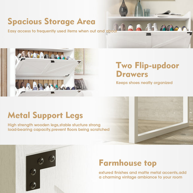 Freestanding Shoe Cabinet with 2 Flip Drawers – White Entryway Storage Organizer with Open Compartment