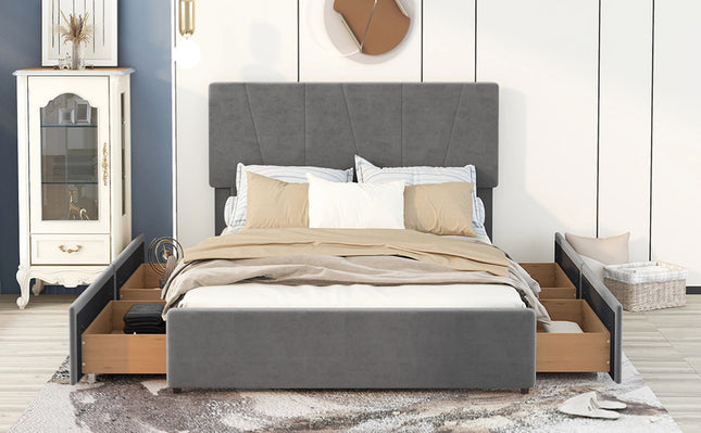 Queen Size Upholstered Platform Bed with Four Drawers on Two Sides and Adjustable Headboard – Grey Queen Size Bed, Upholstered Platform Bed, Storage