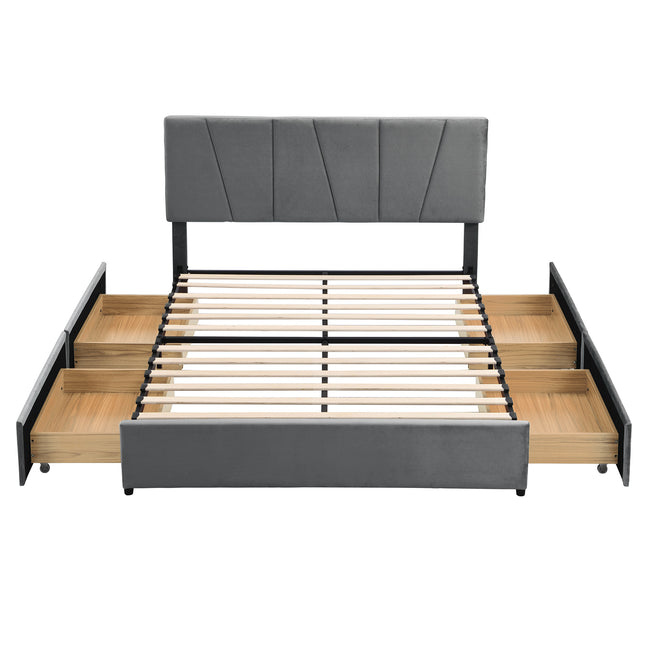 Queen Size Upholstered Platform Bed with Four Drawers on Two Sides and Adjustable Headboard – Grey Queen Size Bed, Upholstered Platform Bed, Storage