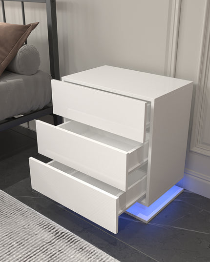 LED Nightstand with 3 drawers, White bedside Table ,Modern End Side Table for Bedroom