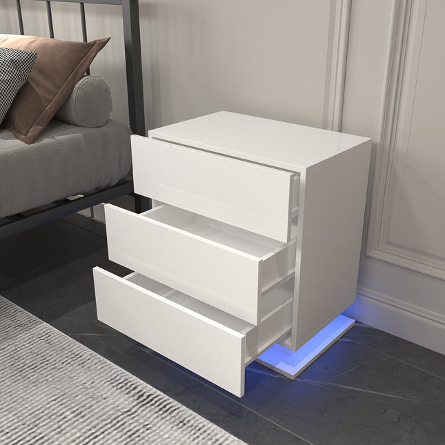 LED Nightstand with 3 drawers, White bedside Table ,Modern End Side Table for Bedroom